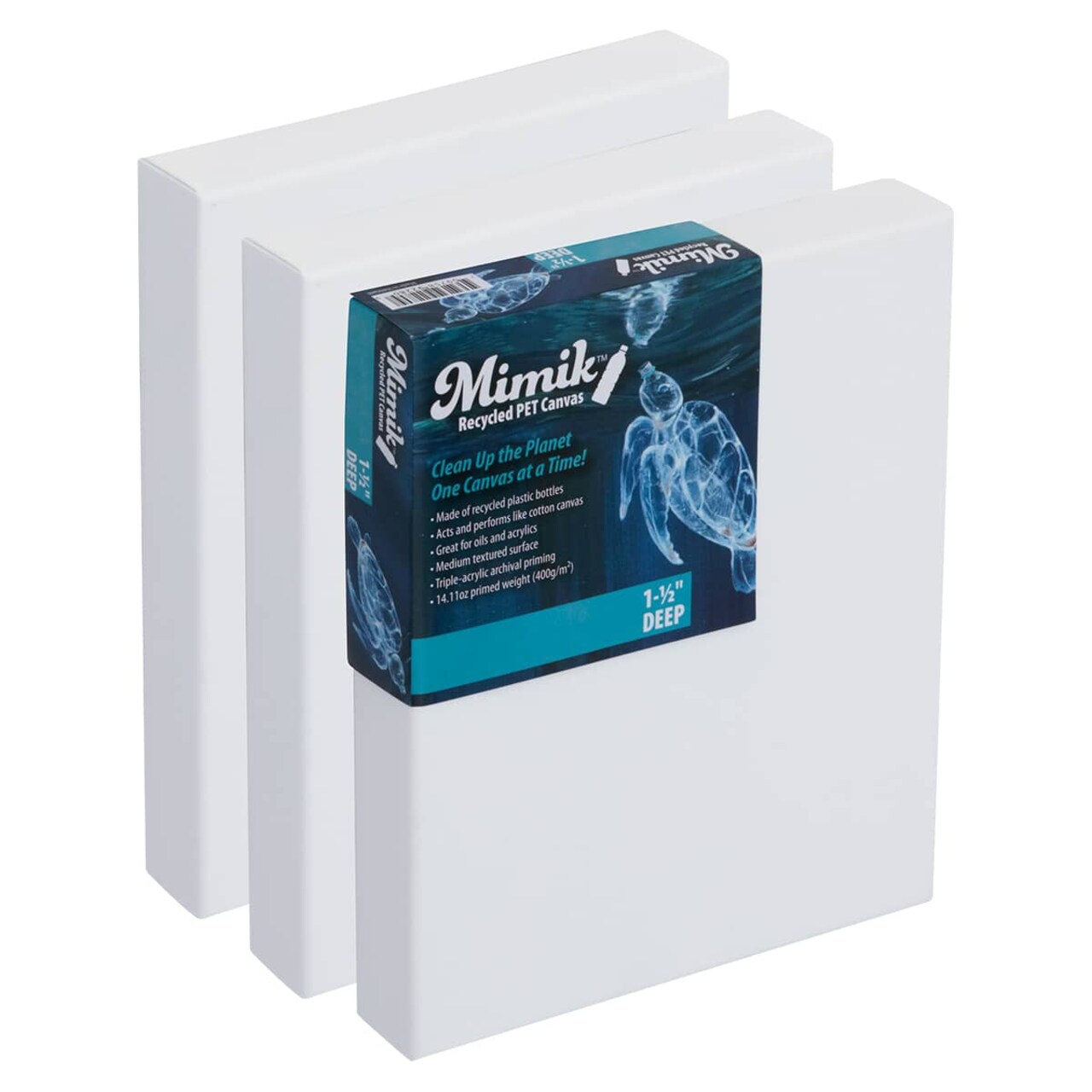 Mimik Recycled Stretched Canvas - Box of 3 - Made from Recycled PET Plastic Bottles - Durable Archival Weave - Triple Acrylic Primed Painting Canvases - 400gsm, 1-1/2 in Deep Pine Stretchers